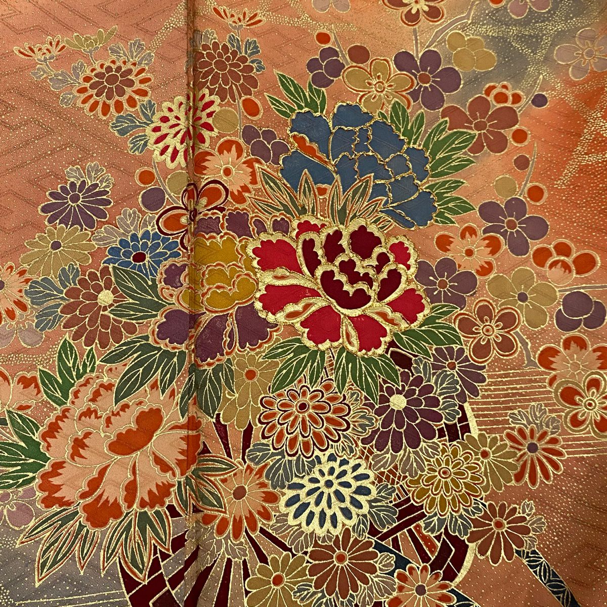 【庫存清倉】振袖禮服 身長165.5cm 袖長66cm M 雙層 花車 籠目 金絲 金銀彩 橙色 純蠶絲 名品級