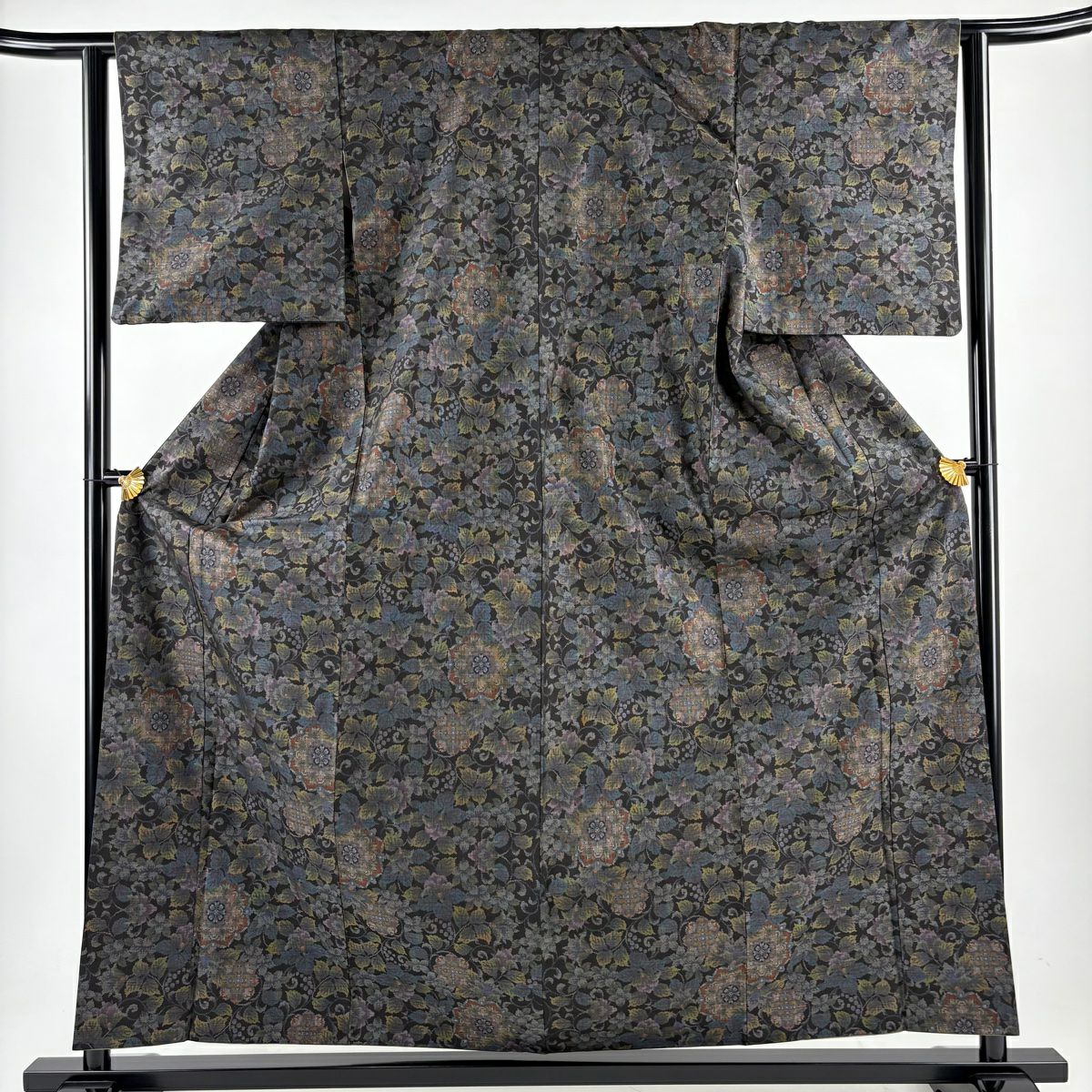 【美品】 紬織織 身長157cm 袖長62cm S 雙層 花唐草紋 華紋 黑 純蠶絲 名品級