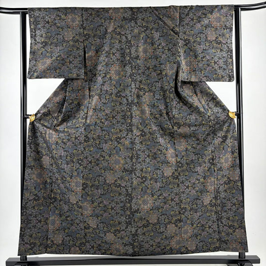 【美品】 紬織織 身長157cm 袖長62cm S 雙層 花唐草紋 華紋 黑 純蠶絲 名品級