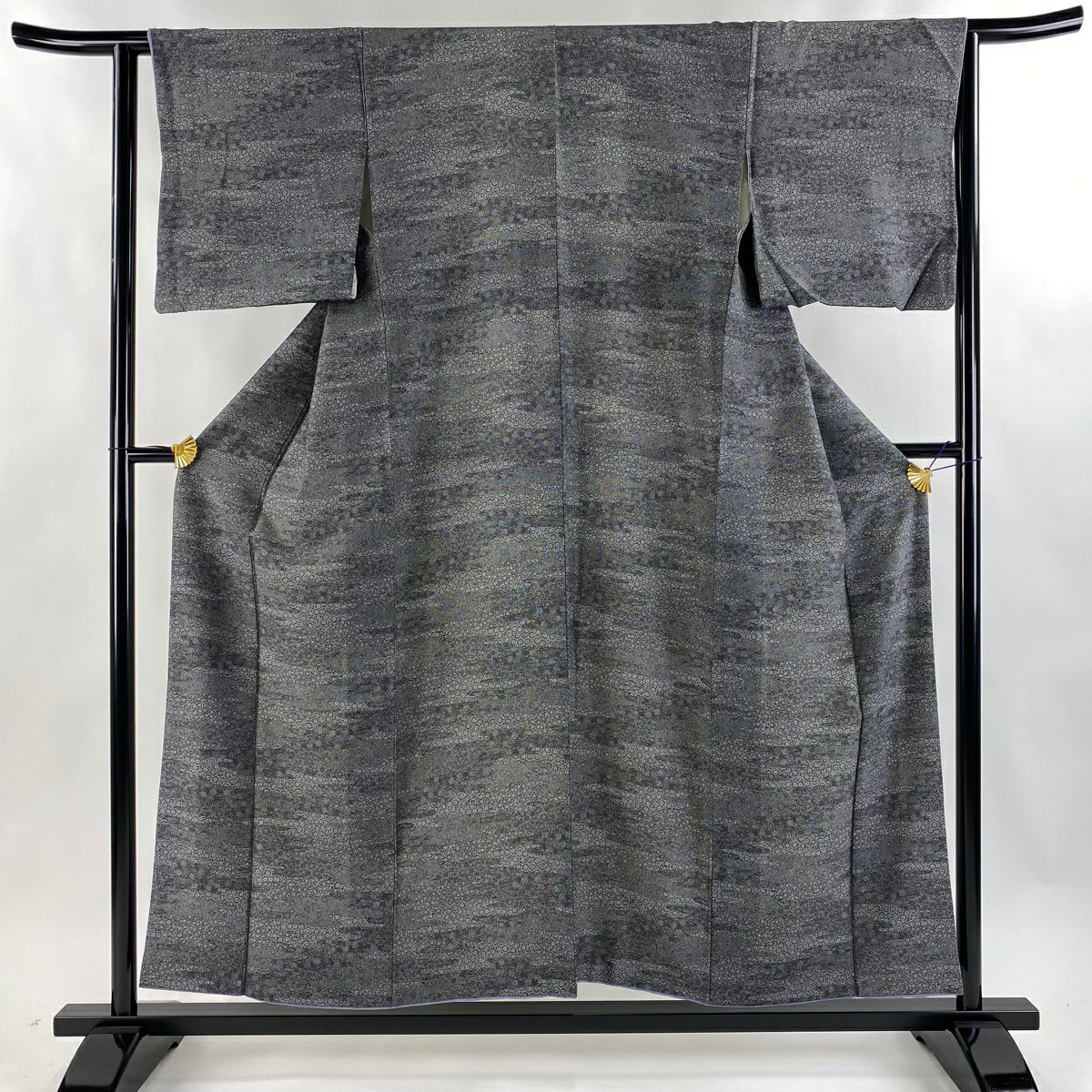 【美品】 江戶小紋 身長154cm 袖長63cm S 雙層 大和 寄花紋 菊花 黑 純蠶絲 名品級