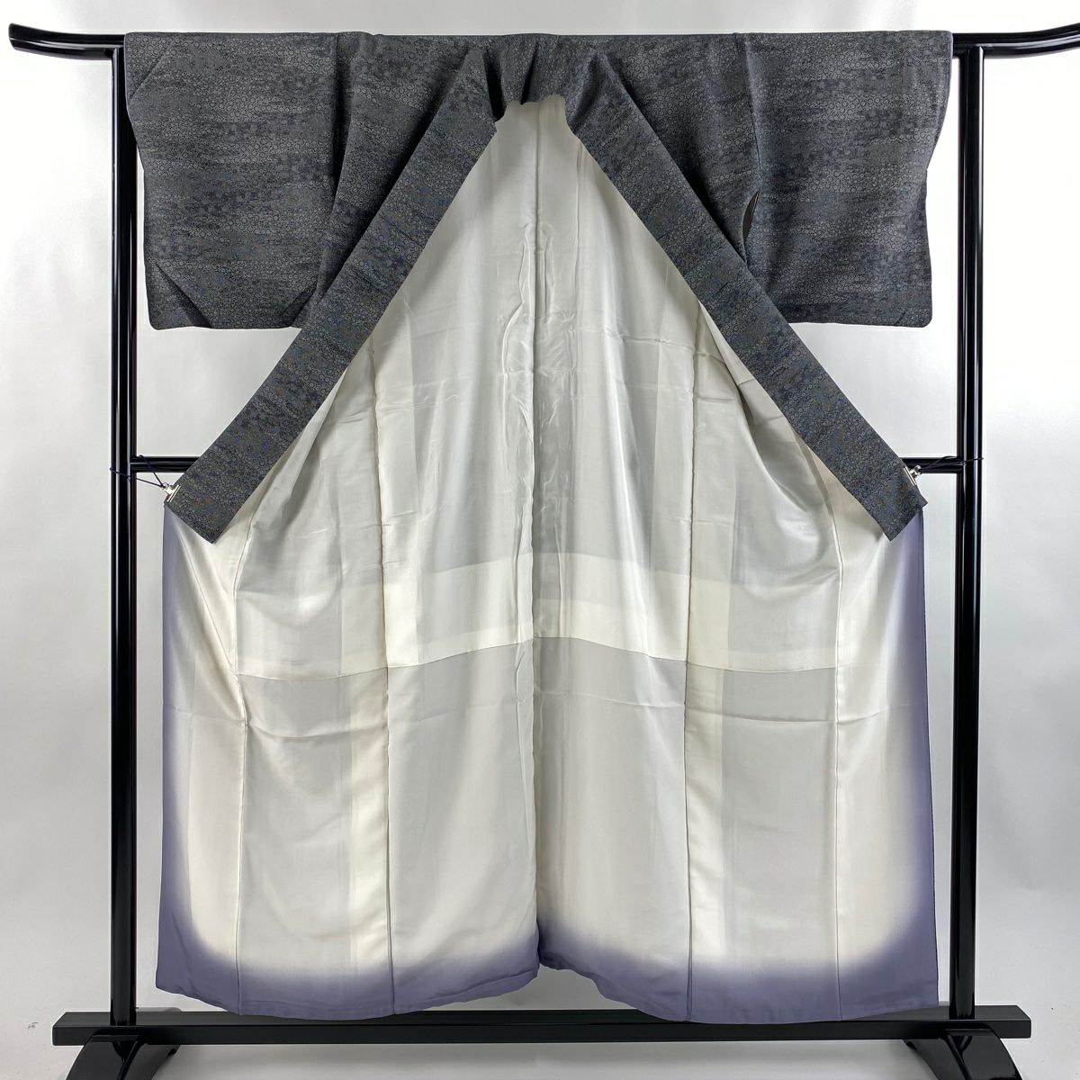 【美品】 江戶小紋 身長154cm 袖長63cm S 雙層 大和 寄花紋 菊花 黑 純蠶絲 名品級