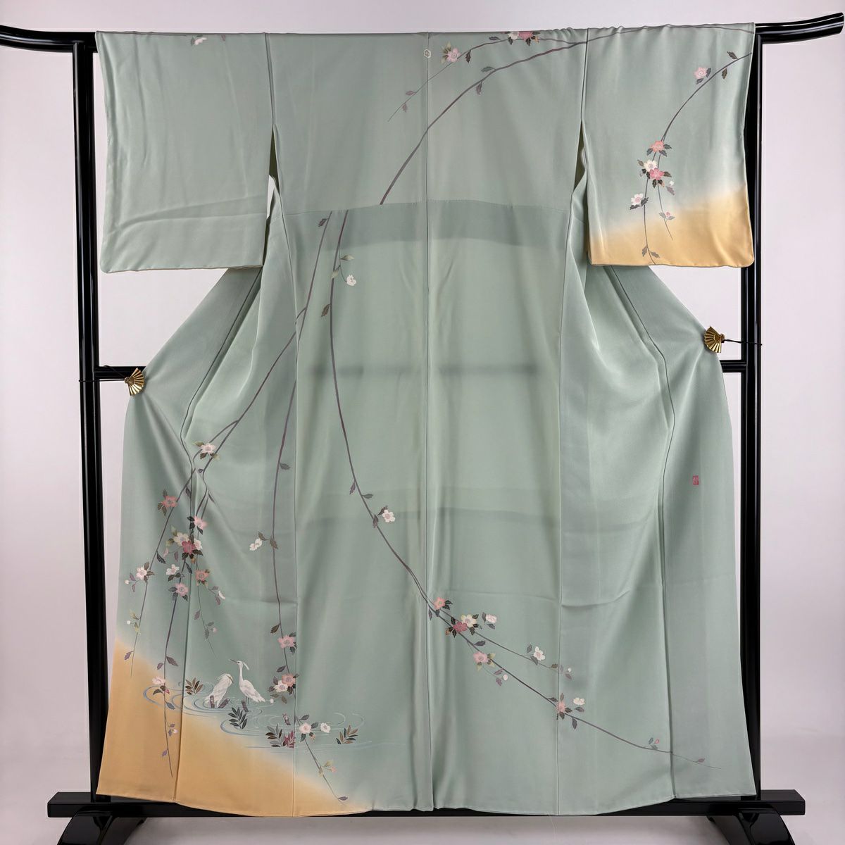 訪問服 身長158.5cm 袖長64.5cm M 雙層 落款あり 鳥 枝垂櫻 薄綠 純蠶絲 名品級 一つ紋