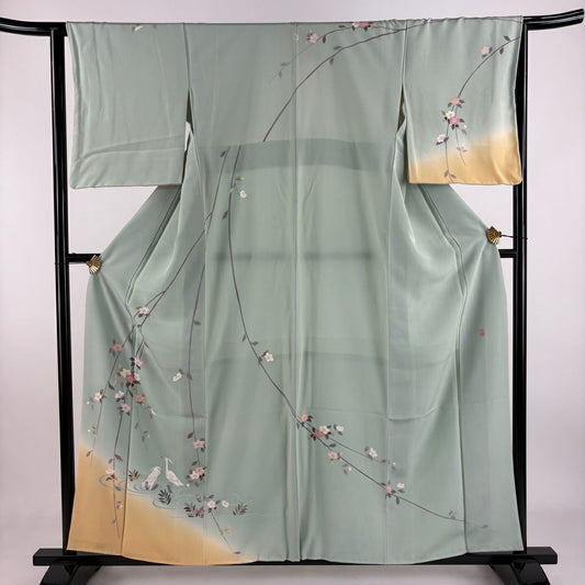 訪問服 身長158.5cm 袖長64.5cm M 雙層 落款あり 鳥 枝垂櫻 薄綠 純蠶絲 名品級 一つ紋