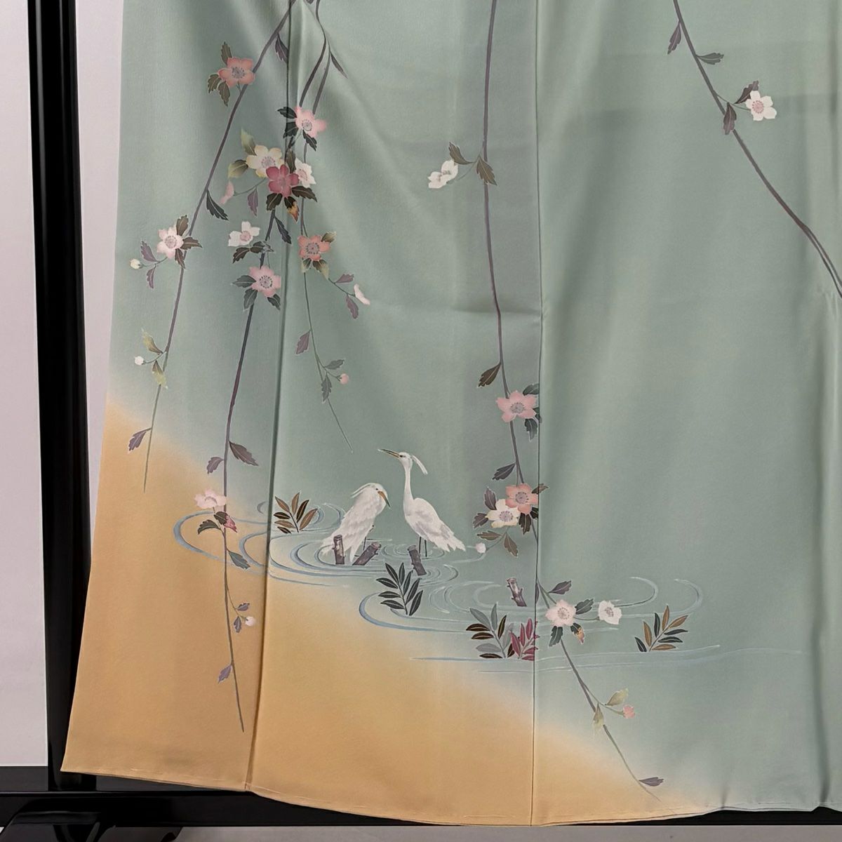 訪問服 身長158.5cm 袖長64.5cm M 雙層 落款あり 鳥 枝垂櫻 薄綠 純蠶絲 名品級 一つ紋