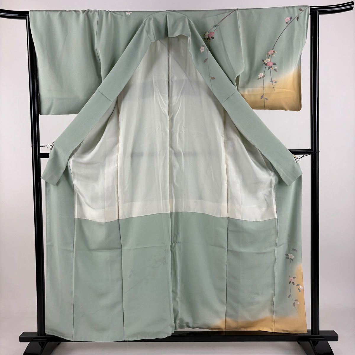 訪問服 身長158.5cm 袖長64.5cm M 雙層 落款あり 鳥 枝垂櫻 薄綠 純蠶絲 名品級 一つ紋