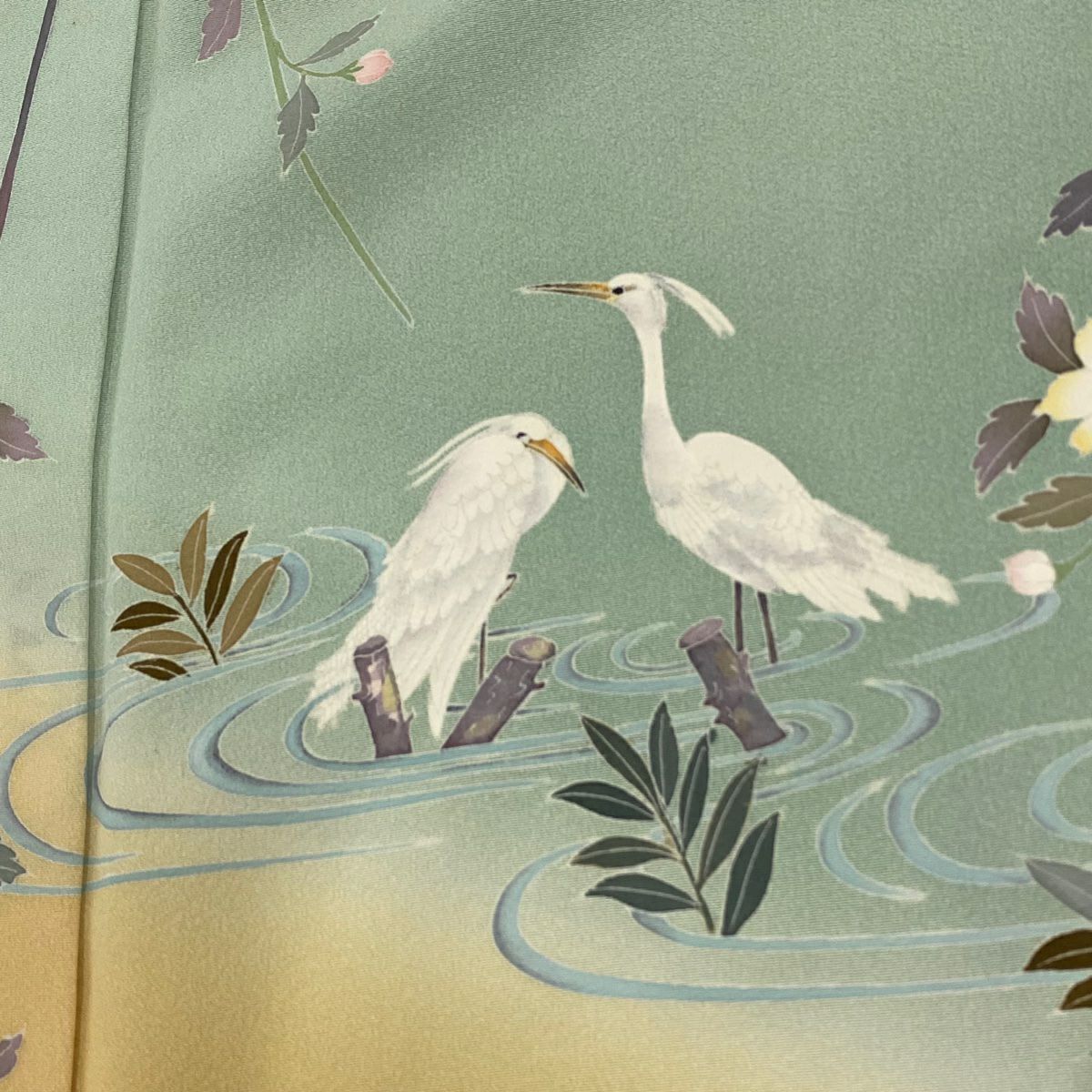 訪問服 身長158.5cm 袖長64.5cm M 雙層 落款あり 鳥 枝垂櫻 薄綠 純蠶絲 名品級 一つ紋