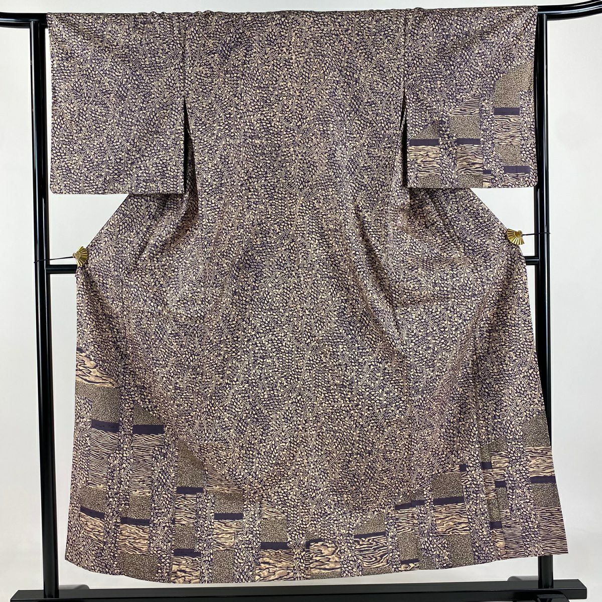 【美品】 付下 身長154.5cm 袖長64cm M 單層 紬織織 葉紋 霞 茶紫 純蠶絲 名品級