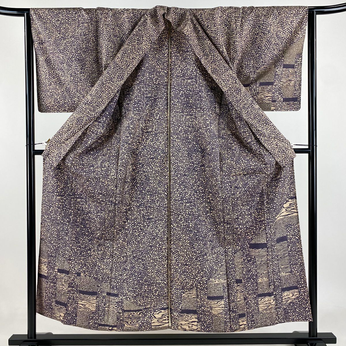【美品】 付下 身長154.5cm 袖長64cm M 單層 紬織織 葉紋 霞 茶紫 純蠶絲 名品級