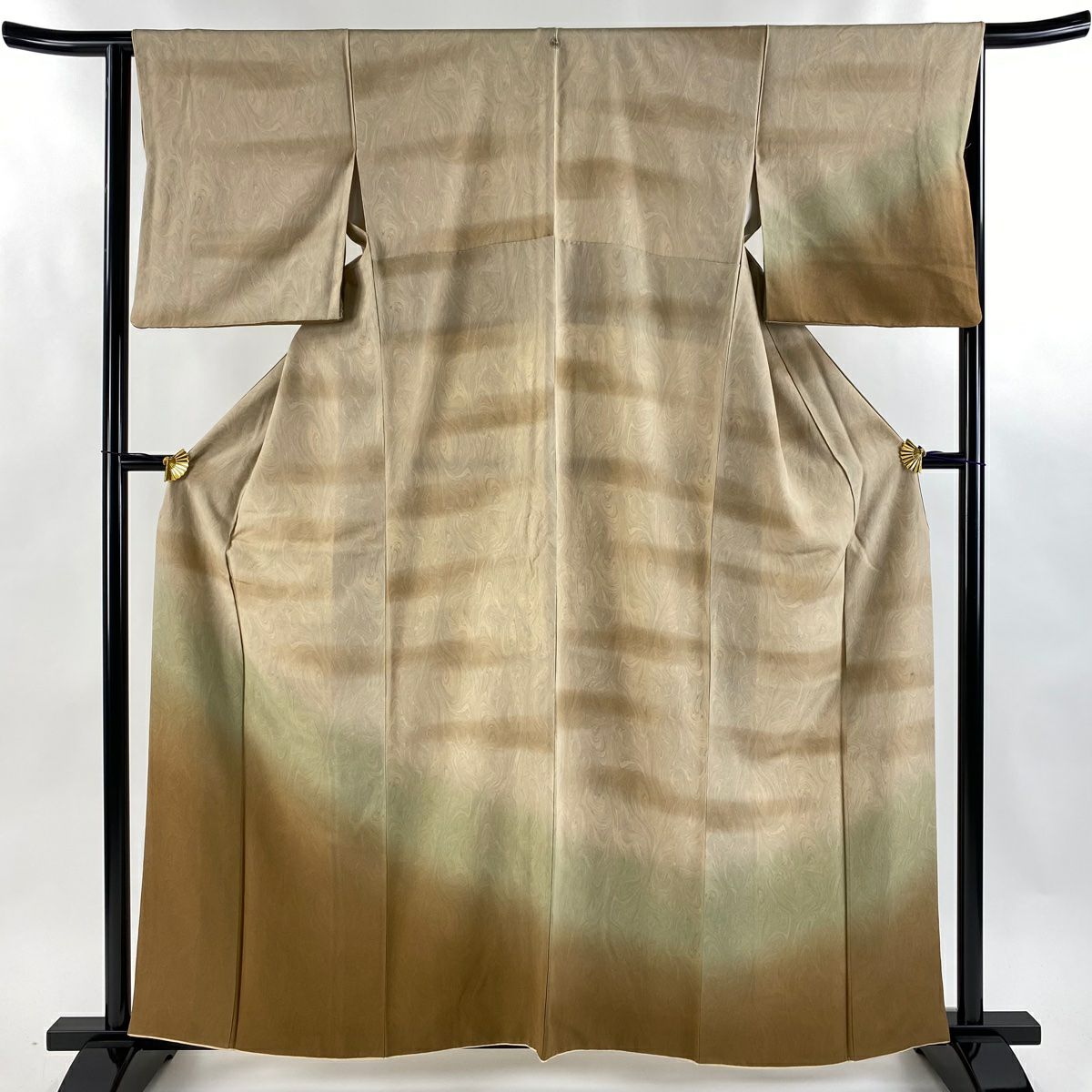 【美品】 付下 身長159cm 袖長65cm M 雙層 落款あり 墨流し 霞 漸層 薄茶 純蠶絲 名品級 一つ紋