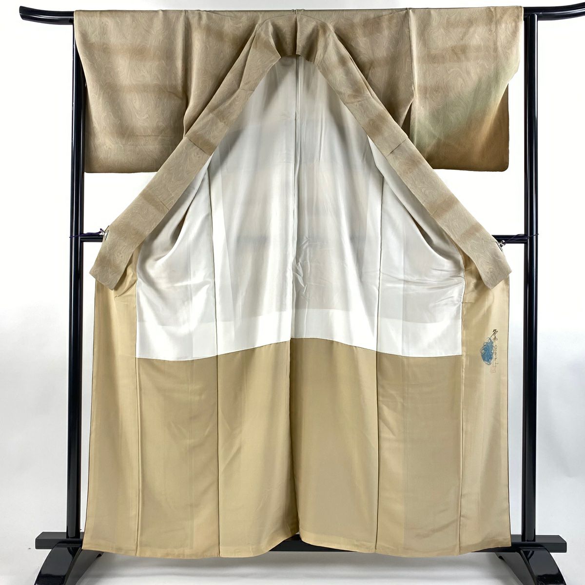 【美品】 付下 身長159cm 袖長65cm M 雙層 落款あり 墨流し 霞 漸層 薄茶 純蠶絲 名品級 一つ紋