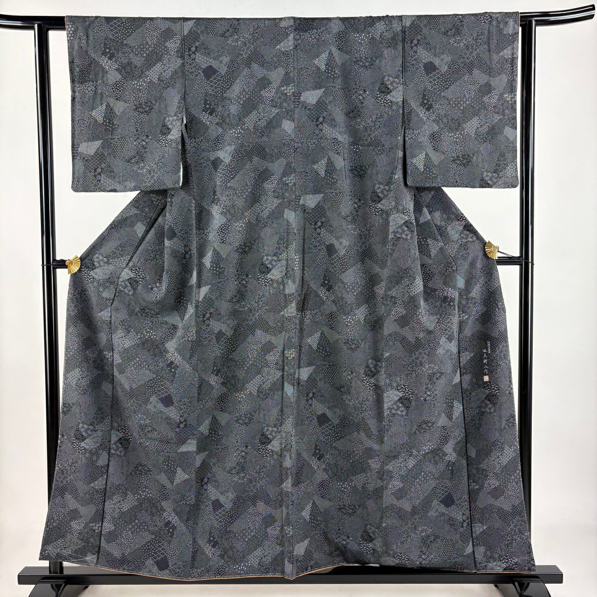 【美品】 江戶小紋 身長156cm 袖長60cm S 雙層 大和 落款あり 寄せ柄 松樹竹子梅花 黑 純蠶絲 名品級