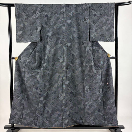 【美品】 江戶小紋 身長156cm 袖長60cm S 雙層 大和 落款あり 寄せ柄 松樹竹子梅花 黑 純蠶絲 名品級