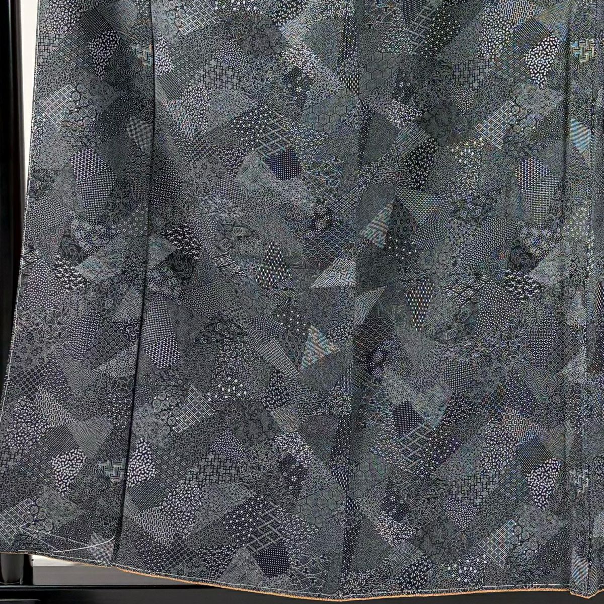 【美品】 江戶小紋 身長156cm 袖長60cm S 雙層 大和 落款あり 寄せ柄 松樹竹子梅花 黑 純蠶絲 名品級