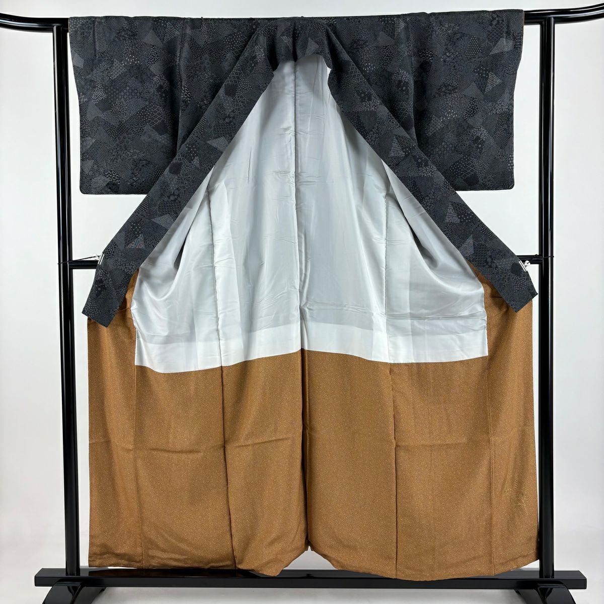 【美品】 江戶小紋 身長156cm 袖長60cm S 雙層 大和 落款あり 寄せ柄 松樹竹子梅花 黑 純蠶絲 名品級