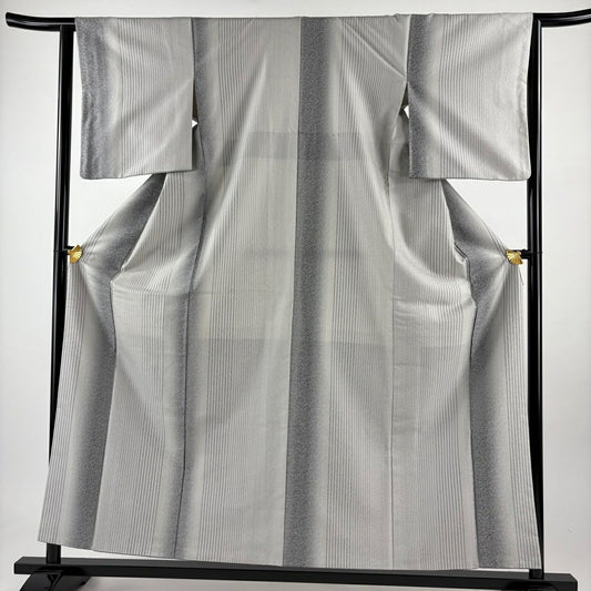 【美品】 小紋 身長157cm 袖長63cm S 雙層 縱條紋 地紋 漸層 灰色 純蠶絲 名品級