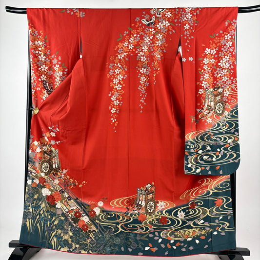 振袖禮服 身長161.5cm 袖長68.5cm L 雙層 御所車 枝梅花 金絲 金銀彩 紅 純蠶絲 名品級