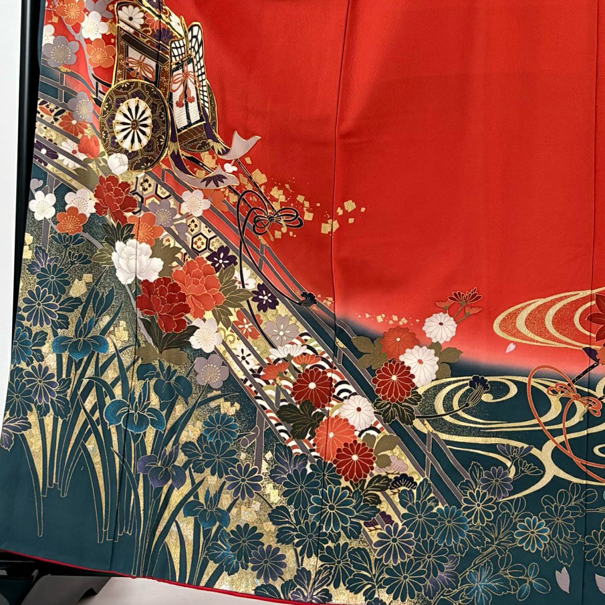 振袖禮服 身長161.5cm 袖長68.5cm L 雙層 御所車 枝梅花 金絲 金銀彩 紅 純蠶絲 名品級