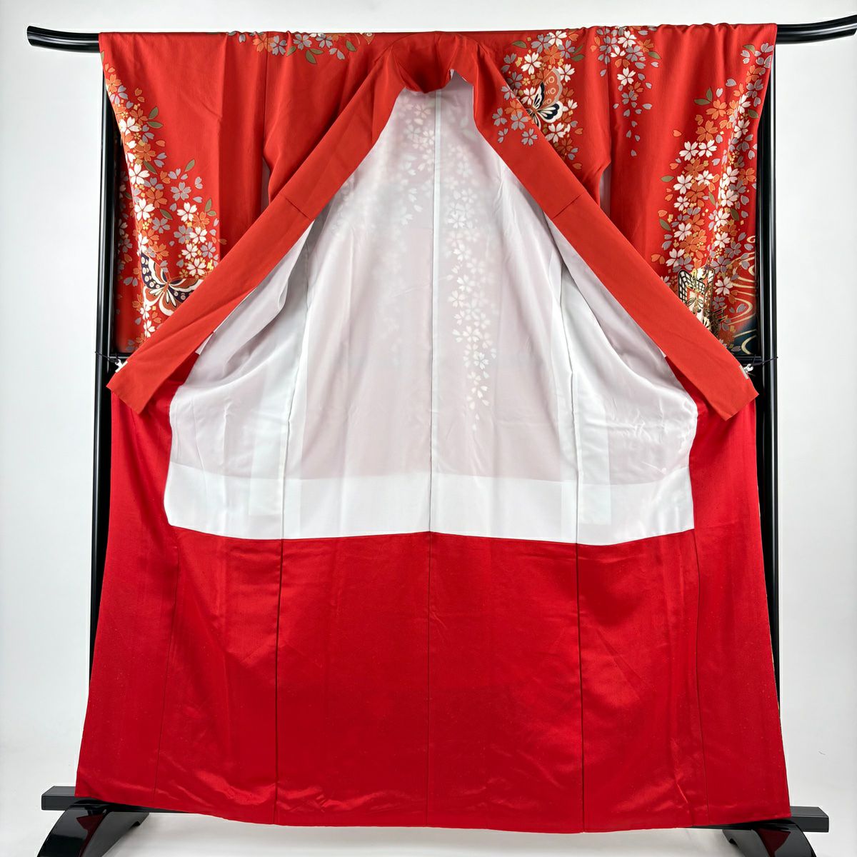 振袖禮服 身長161.5cm 袖長68.5cm L 雙層 御所車 枝梅花 金絲 金銀彩 紅 純蠶絲 名品級