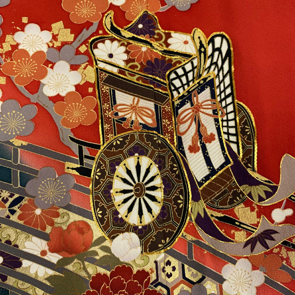 振袖禮服 身長161.5cm 袖長68.5cm L 雙層 御所車 枝梅花 金絲 金銀彩 紅 純蠶絲 名品級