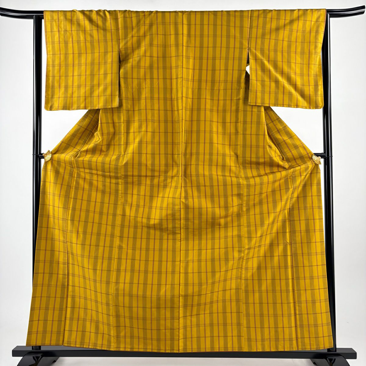 【美品】 紬織織 身長161.5cm 袖長63.5cm S 雙層 格子 山吹 純蠶絲 名品級