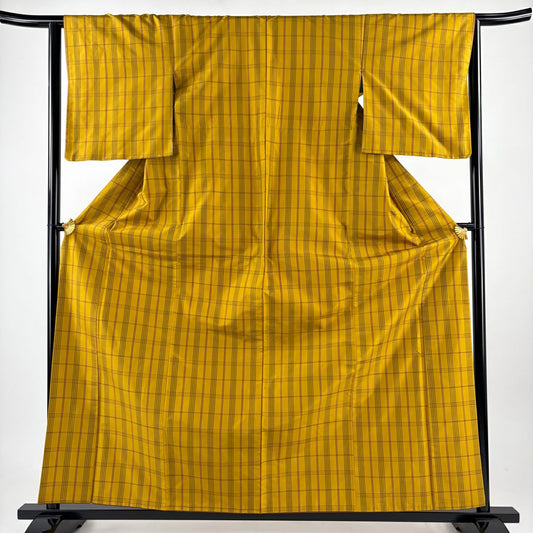 【美品】 紬織織 身長161.5cm 袖長63.5cm S 雙層 格子 山吹 純蠶絲 名品級