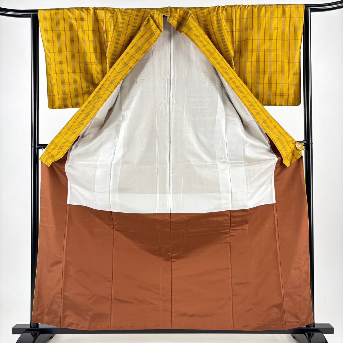【美品】 紬織織 身長161.5cm 袖長63.5cm S 雙層 格子 山吹 純蠶絲 名品級