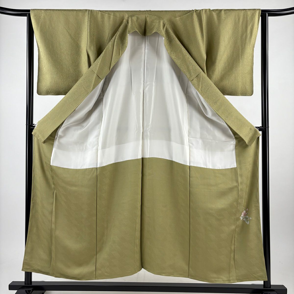 【美品】 江戶小紋 身長154cm 袖長63.5cm S 雙層 鮫地紋 鶯 純蠶絲 名品級