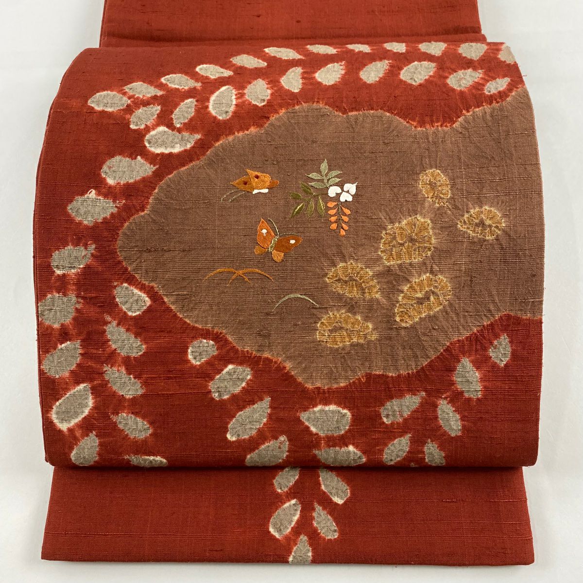 袋帶 秀品級 紬織織 蝶藤 刺繡 絞染 紅 お太鼓圖案 純蠶絲