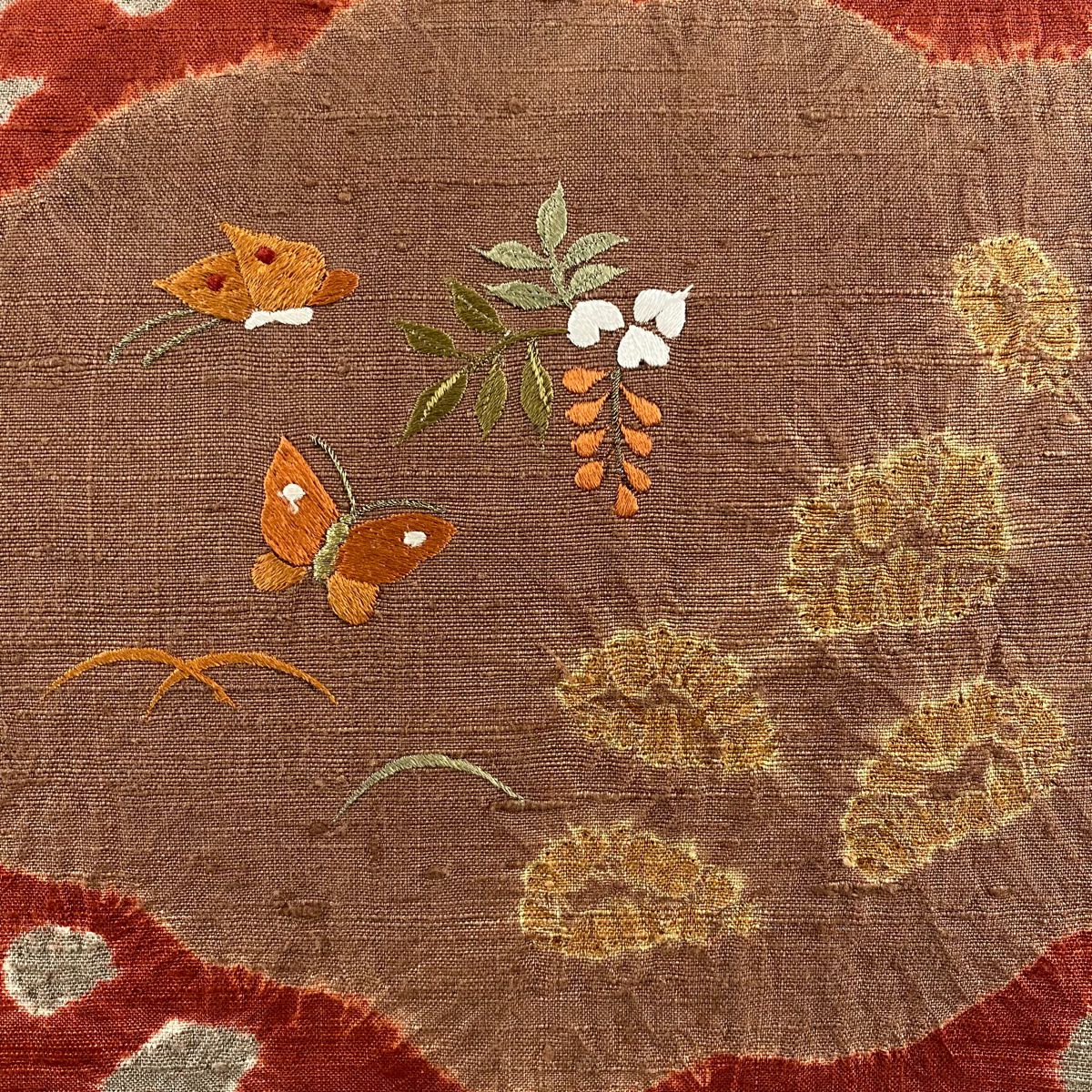 袋帶 秀品級 紬織織 蝶藤 刺繡 絞染 紅 お太鼓圖案 純蠶絲