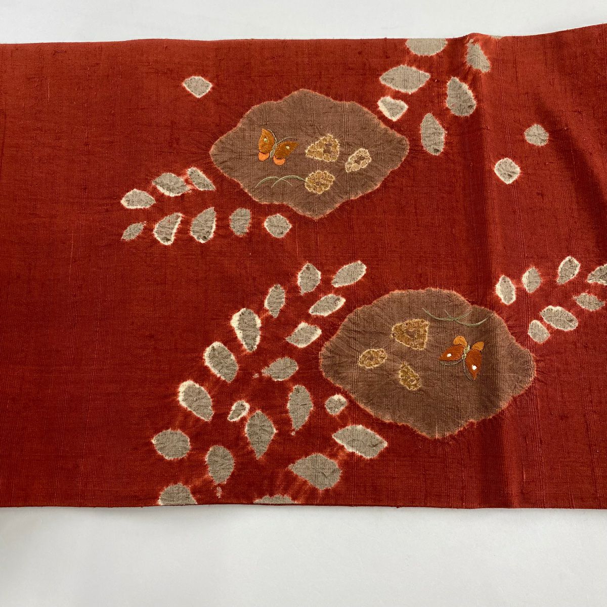 袋帶 秀品級 紬織織 蝶藤 刺繡 絞染 紅 お太鼓圖案 純蠶絲