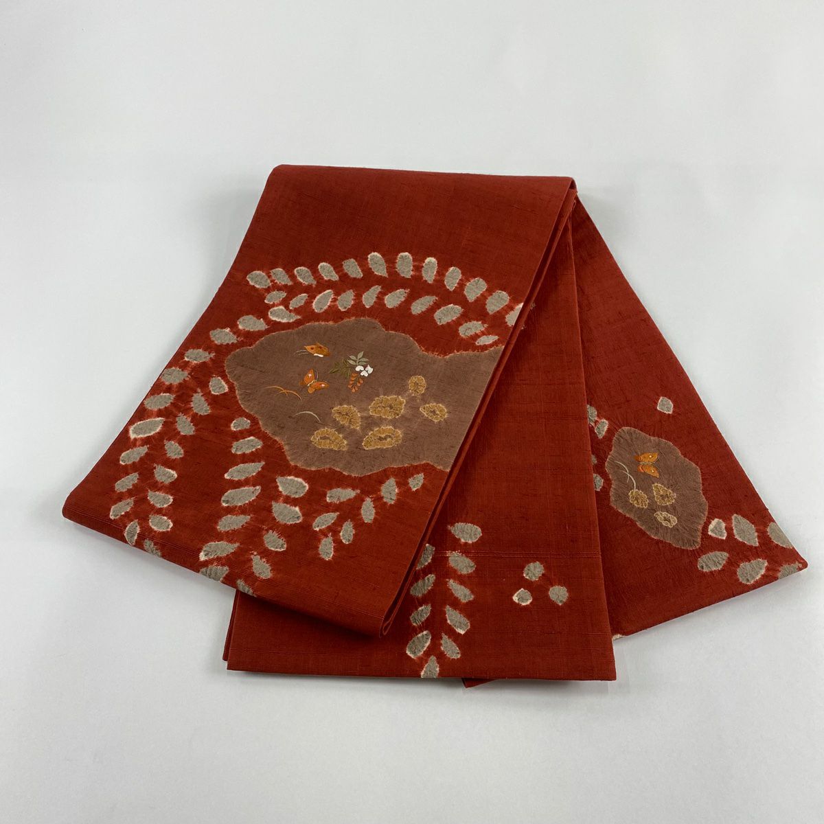 袋帶 秀品級 紬織織 蝶藤 刺繡 絞染 紅 お太鼓圖案 純蠶絲