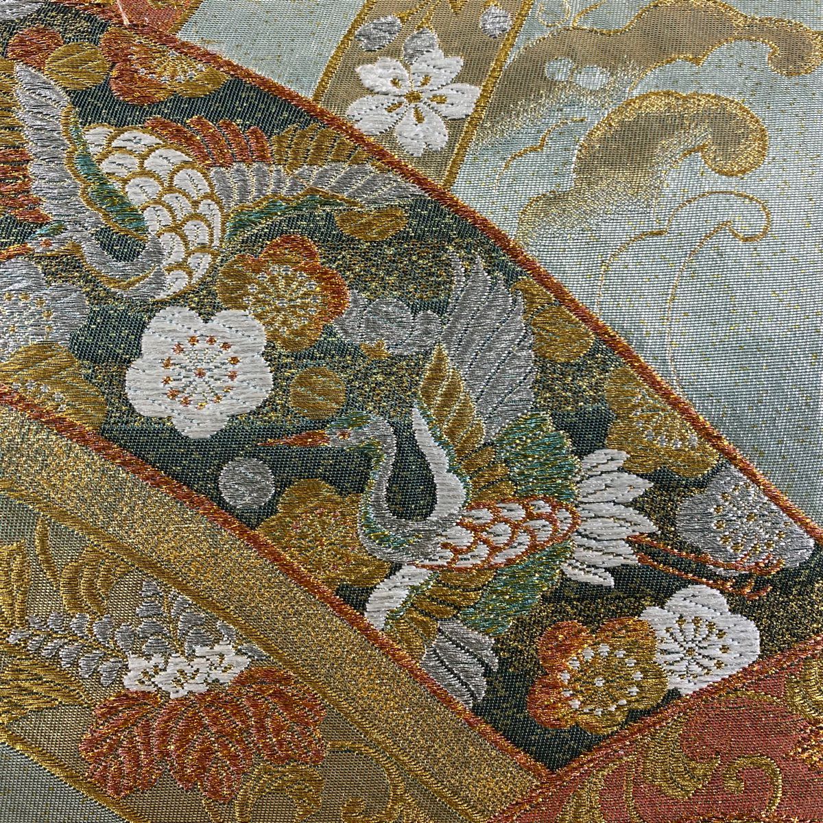 袋帶 秀品級 華金銀彩 花蝶 仙鶴 金銀線 金金箔 淺綠 六通 純蠶絲