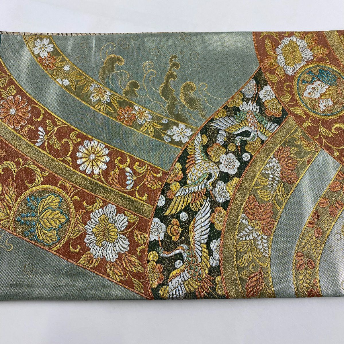 袋帶 秀品級 華金銀彩 花蝶 仙鶴 金銀線 金金箔 淺綠 六通 純蠶絲