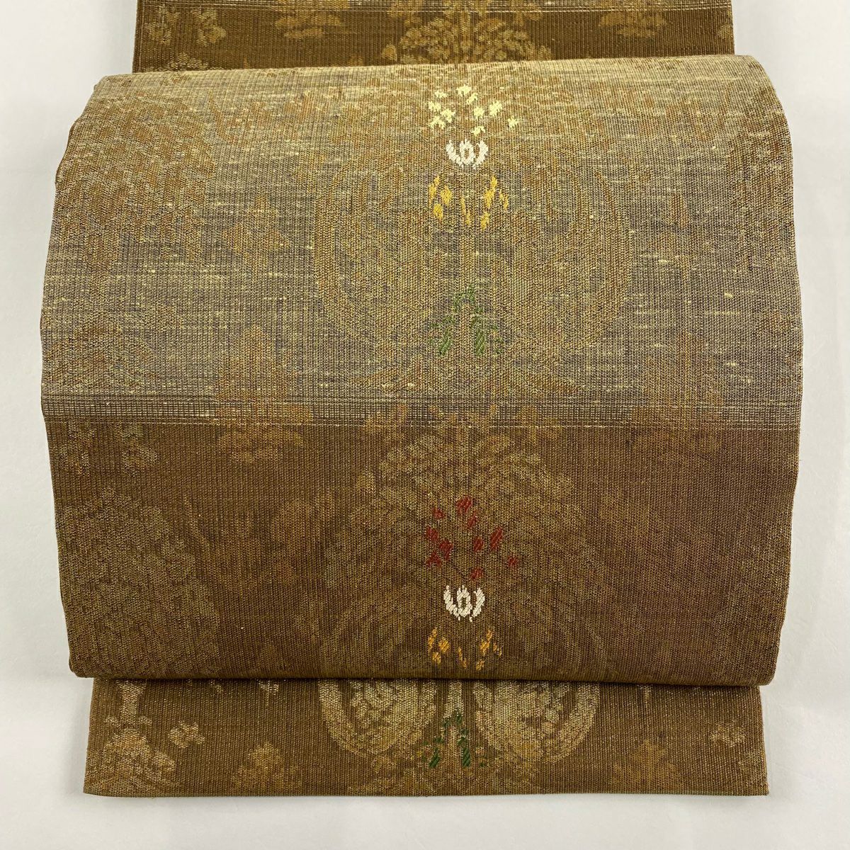【美品】 袋帶 秀品級 紬織織 樹下鳥獸文 樹木 金金箔 茶綠 六通 純蠶絲