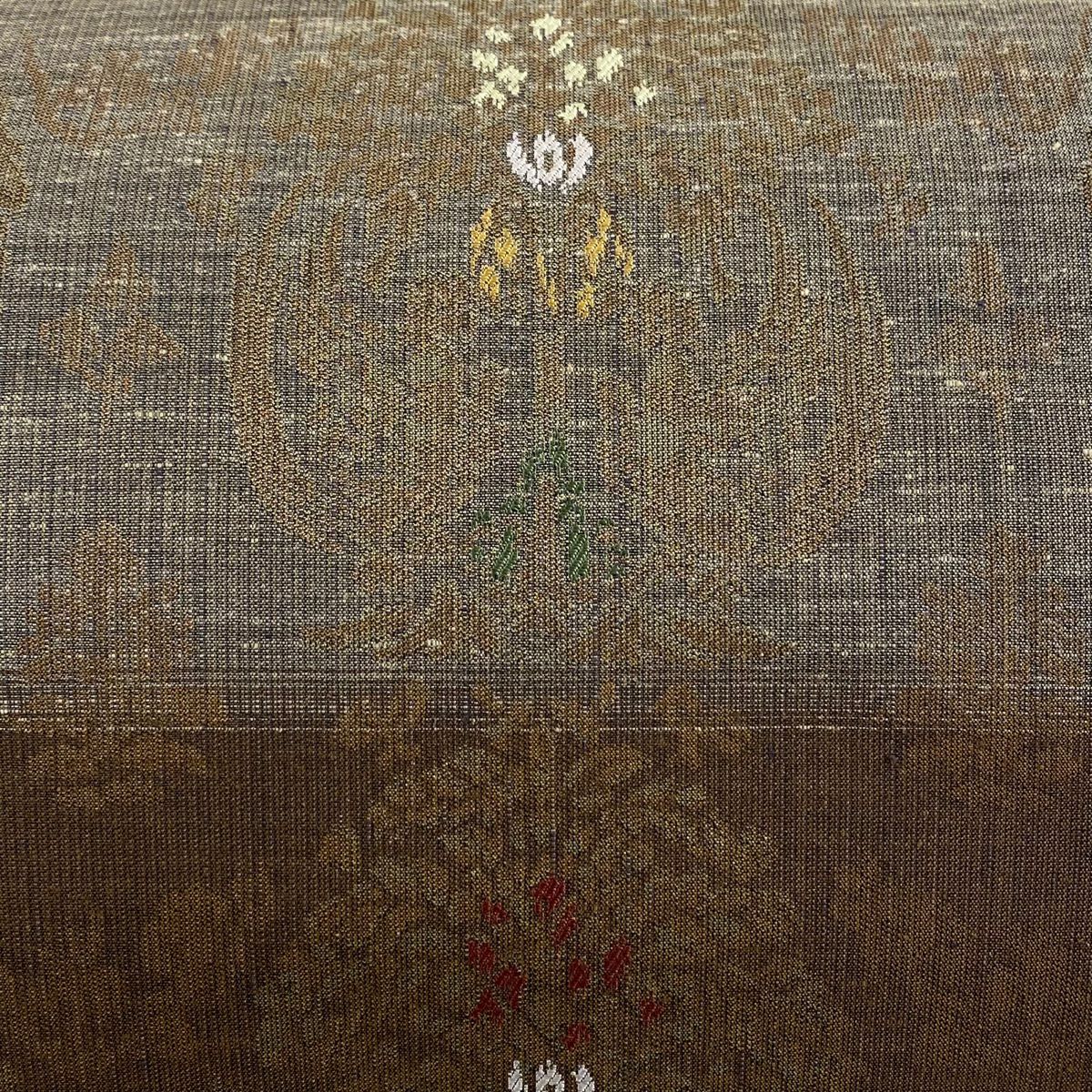 【美品】 袋帶 秀品級 紬織織 樹下鳥獸文 樹木 金金箔 茶綠 六通 純蠶絲