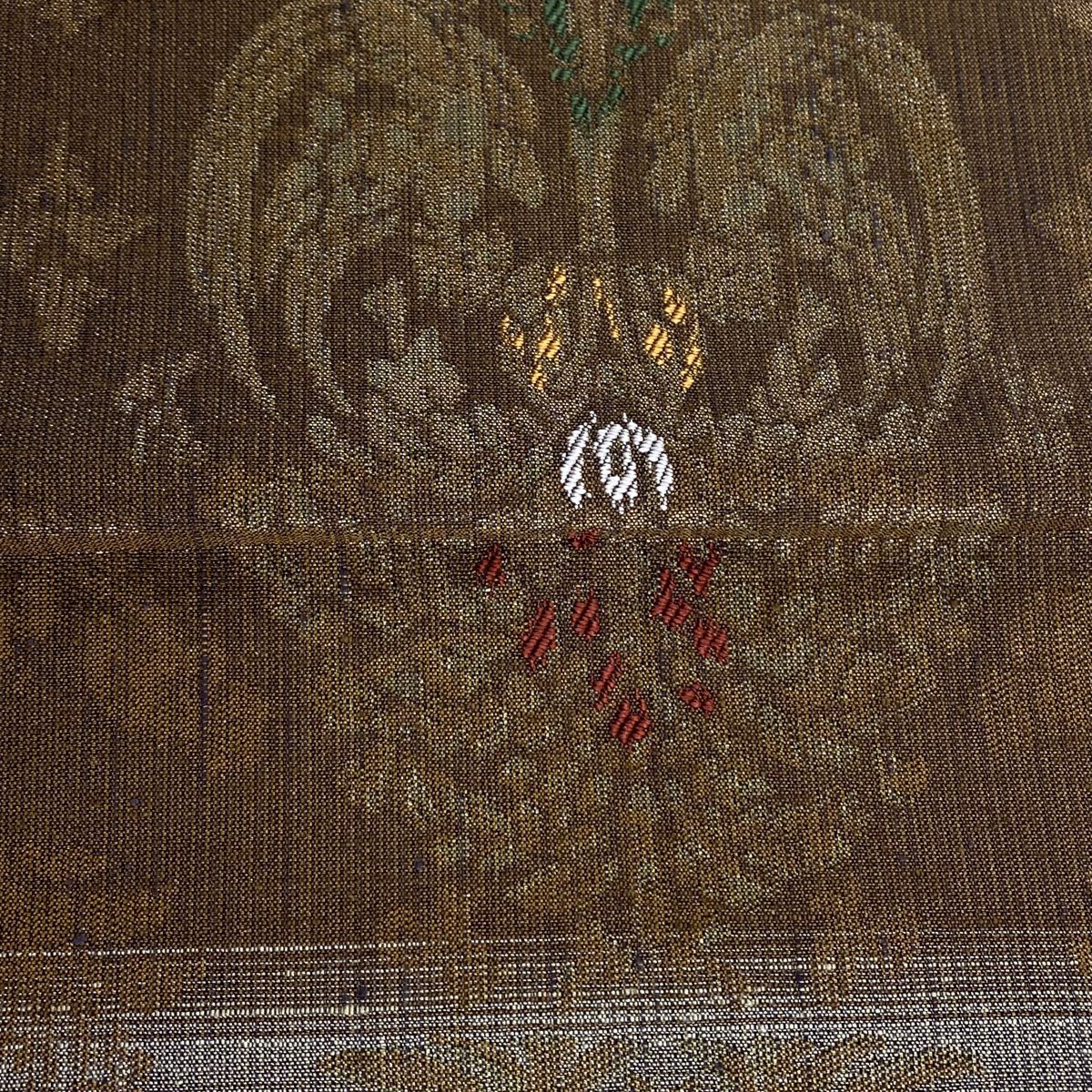 【美品】 袋帶 秀品級 紬織織 樹下鳥獸文 樹木 金金箔 茶綠 六通 純蠶絲