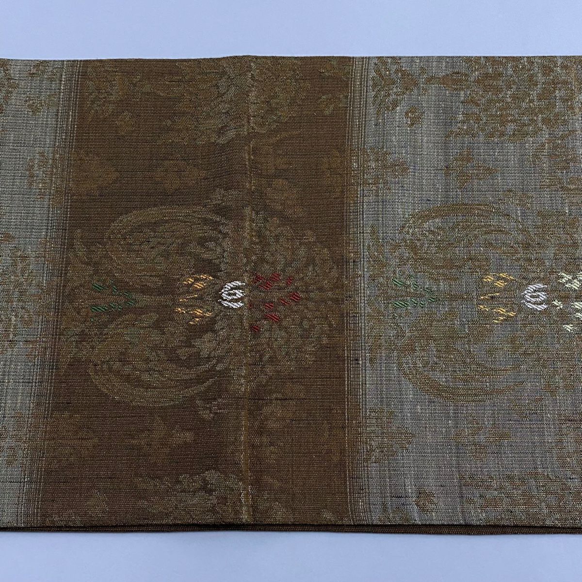 【美品】 袋帶 秀品級 紬織織 樹下鳥獸文 樹木 金金箔 茶綠 六通 純蠶絲