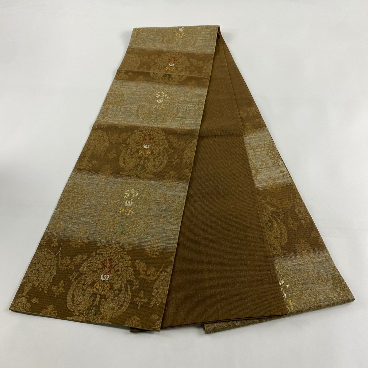 【美品】 袋帶 秀品級 紬織織 樹下鳥獸文 樹木 金金箔 茶綠 六通 純蠶絲