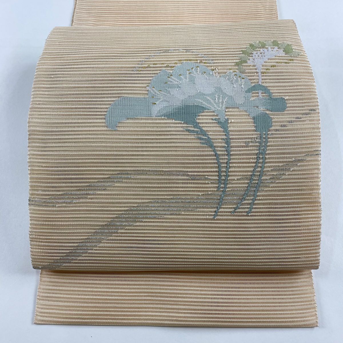 名古屋帶 秀品級 夏帶 絽 松樹葉仕立 八寸名古屋帶 草花紋 金銀彩 米色 純蠶絲