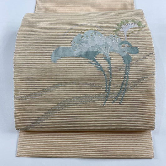 名古屋帶 秀品級 夏帶 絽 松樹葉仕立 八寸名古屋帶 草花紋 金銀彩 米色 純蠶絲