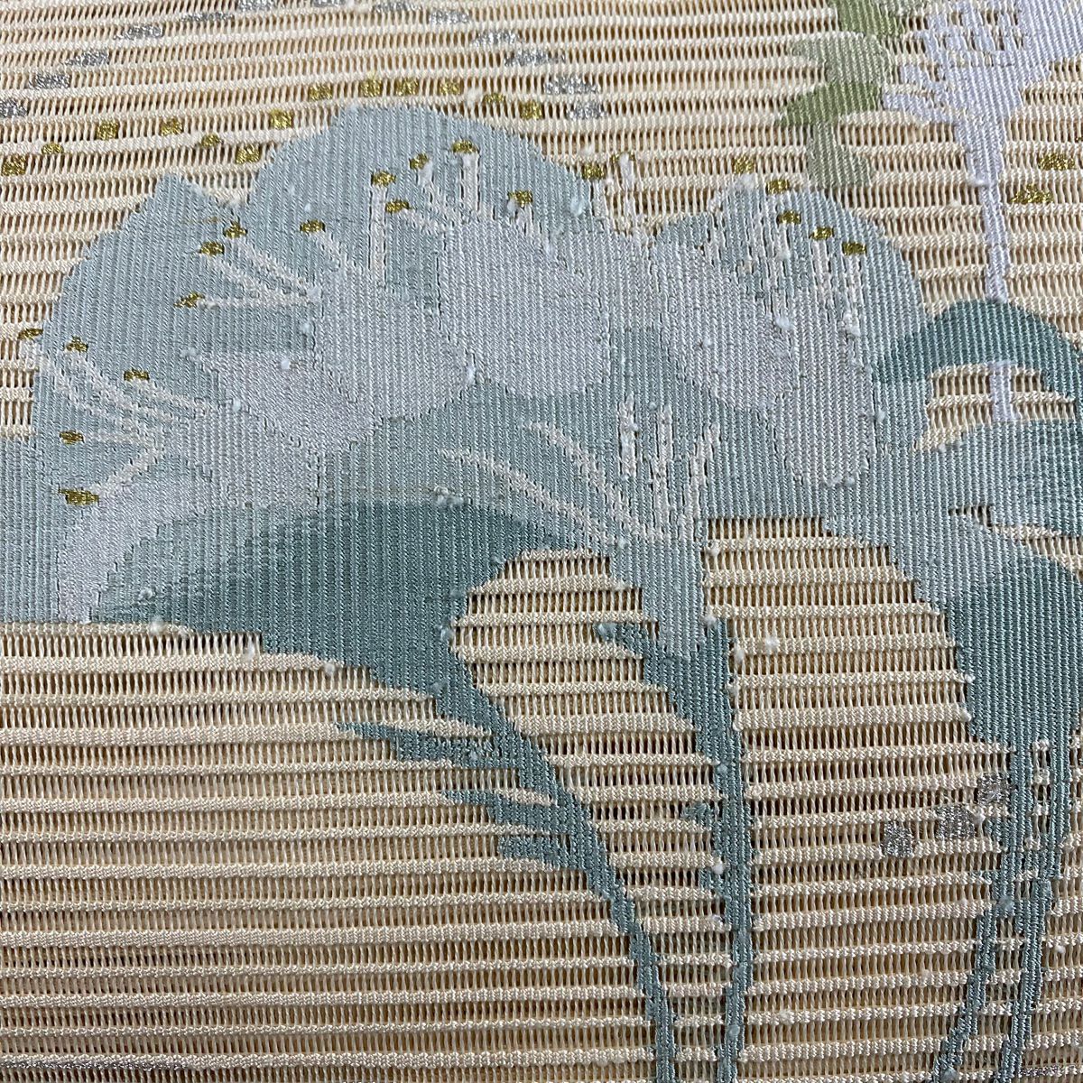 名古屋帶 秀品級 夏帶 絽 松樹葉仕立 八寸名古屋帶 草花紋 金銀彩 米色 純蠶絲