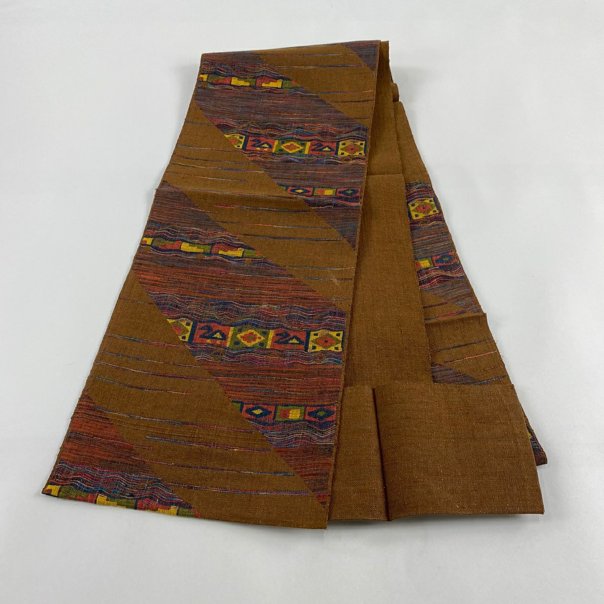 【美品】名古屋帶 優品級 八寸名古屋帶 松樹葉仕立 雜色條紋 鳥 茶 純蠶絲