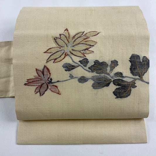 【美品】 名古屋帶 秀品級 紬織織 菊花 金絲 米色 純蠶絲