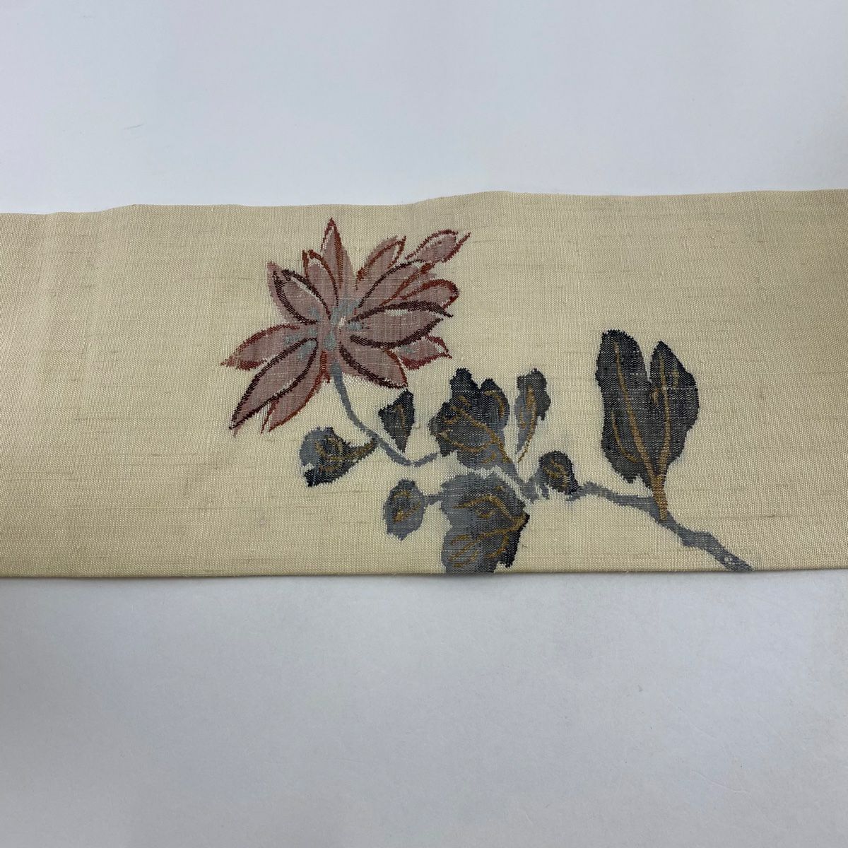 【美品】 名古屋帶 秀品級 紬織織 菊花 金絲 米色 純蠶絲