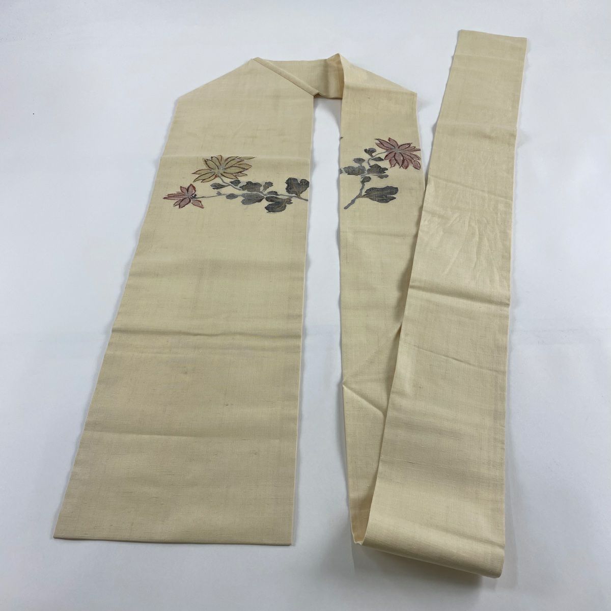 【美品】 名古屋帶 秀品級 紬織織 菊花 金絲 米色 純蠶絲