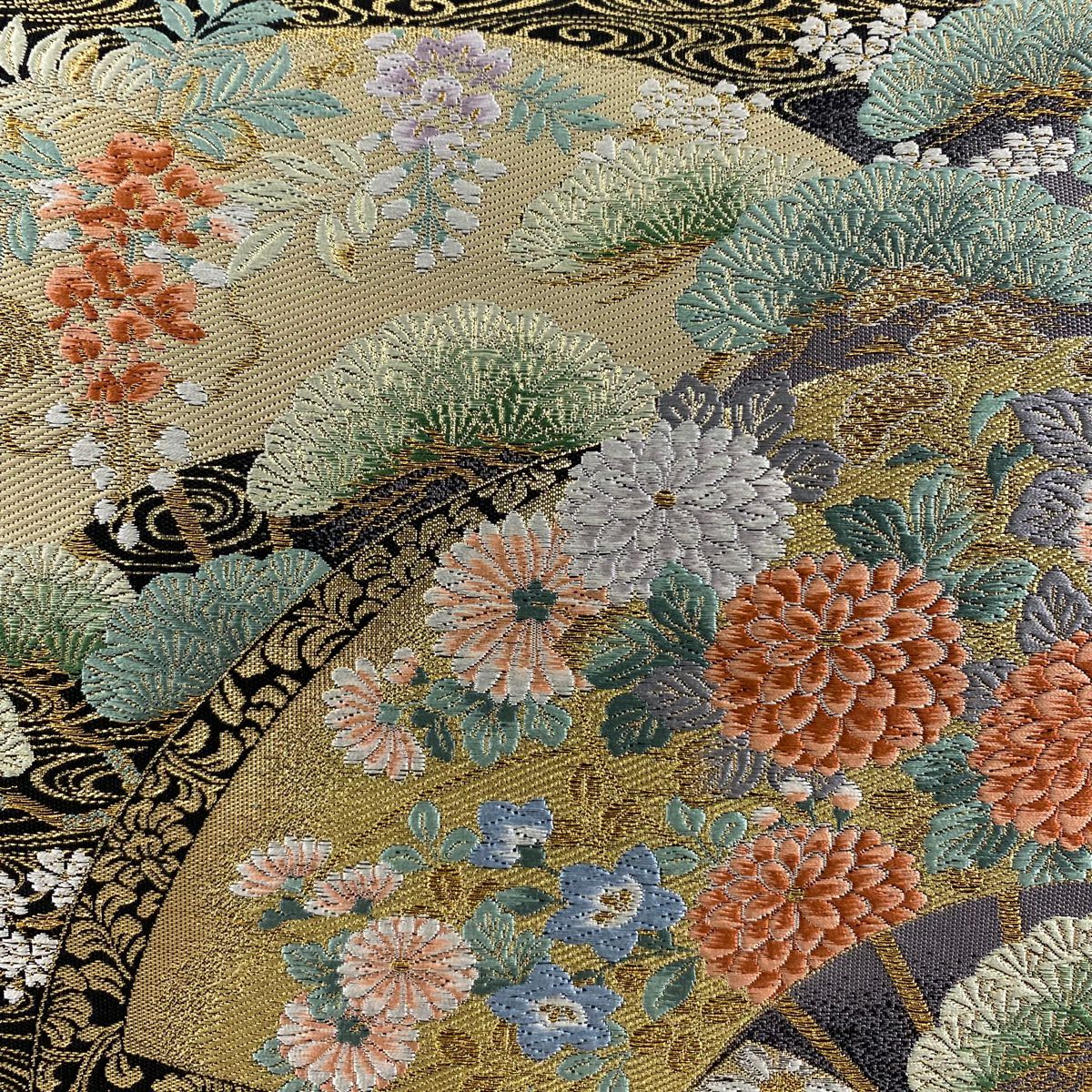 【美品】 袋帶 秀品級 扇子子 観世水 金絲 金金箔 黑 六通 純蠶絲