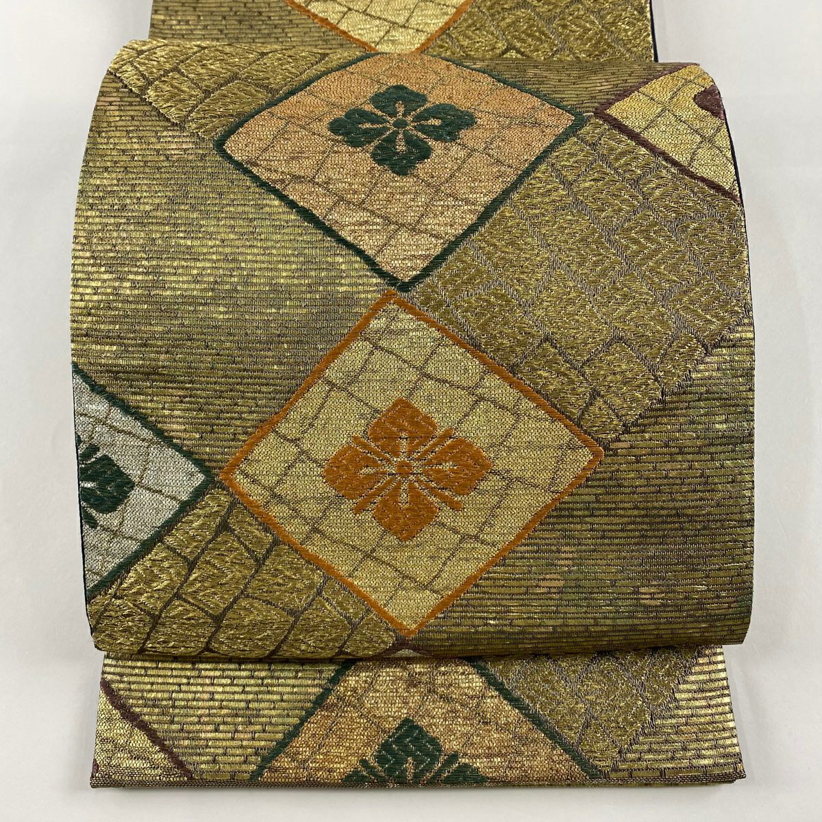 【美品】 袋帶 秀品級 菱 花菱 刺繡 金絲 金色 六通 純蠶絲