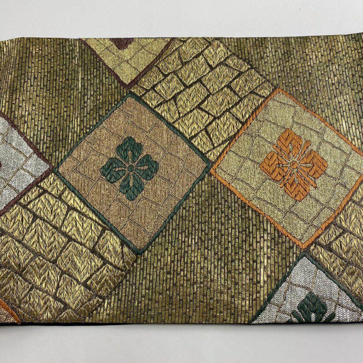 【美品】 袋帶 秀品級 菱 花菱 刺繡 金絲 金色 六通 純蠶絲