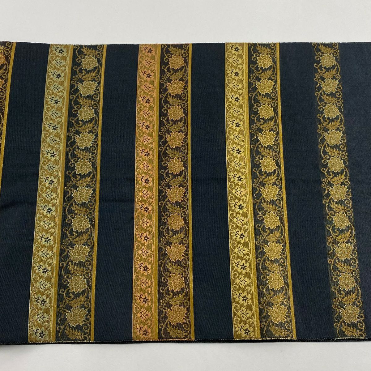 袋帶 秀品級 花唐草紋 縞 金金箔 深藍色 お太鼓圖案 純蠶絲