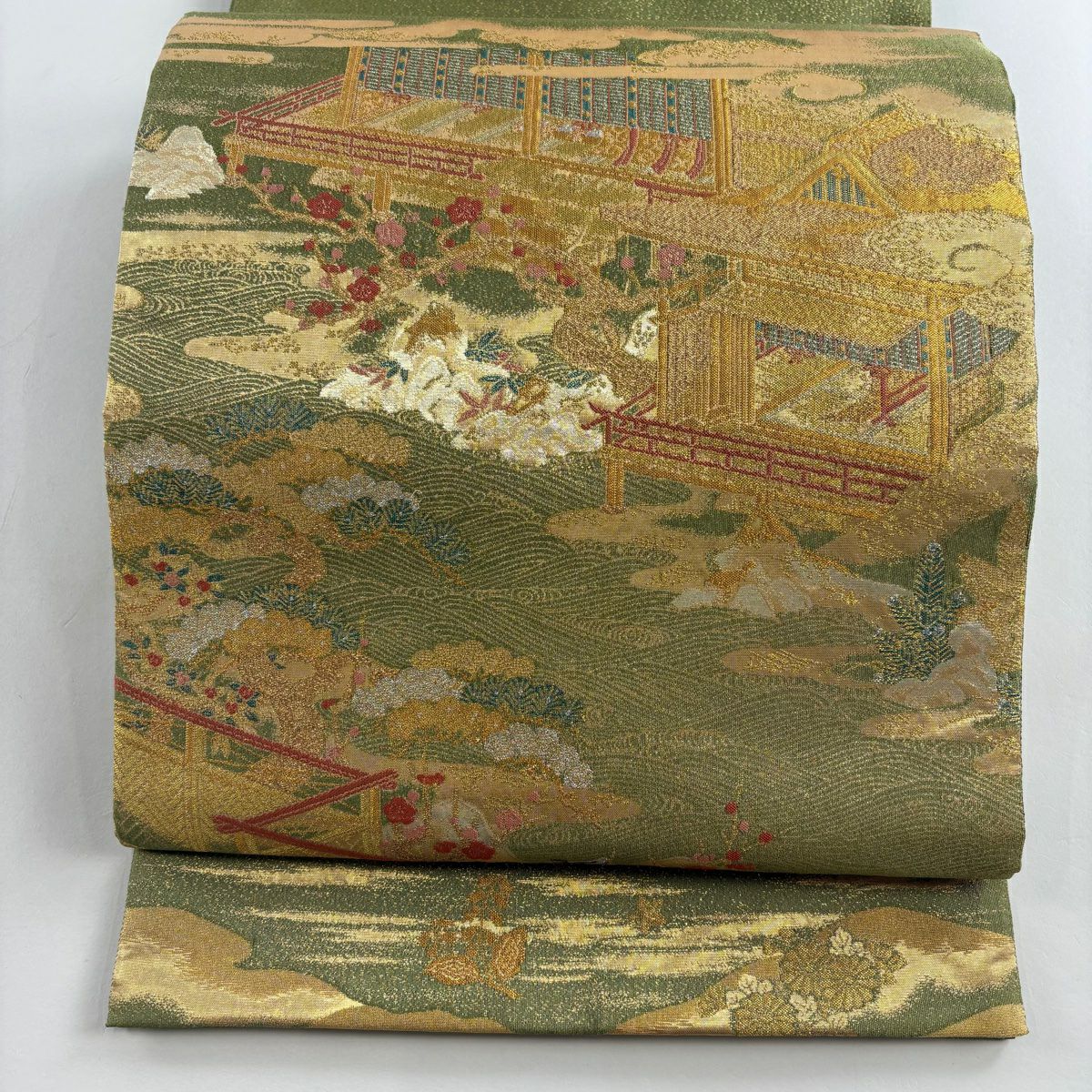 【美品】 袋帶 秀品級 風景 建築 金絲 金金箔 艾草色 大鼓圖案 純蠶絲